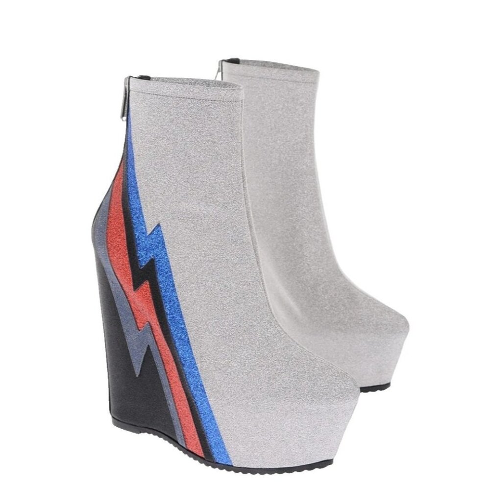 Balmain Eva 15cm Glitter Lightning Wedge Bootie Silver Size: 38 / 7.5 – 8 NIB